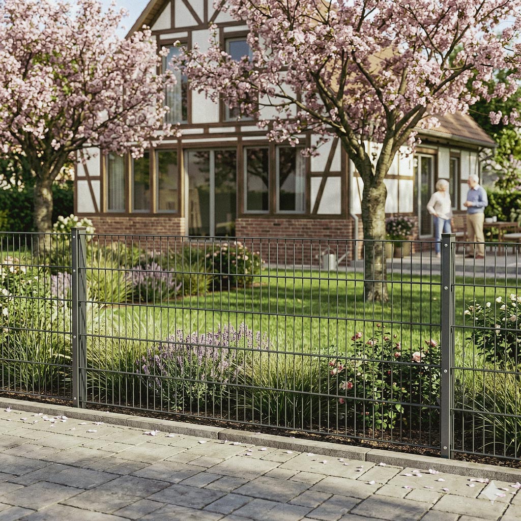 Bild Doppelstabmattenzaun 2 m Matte verzinkt mit Haus und Garten