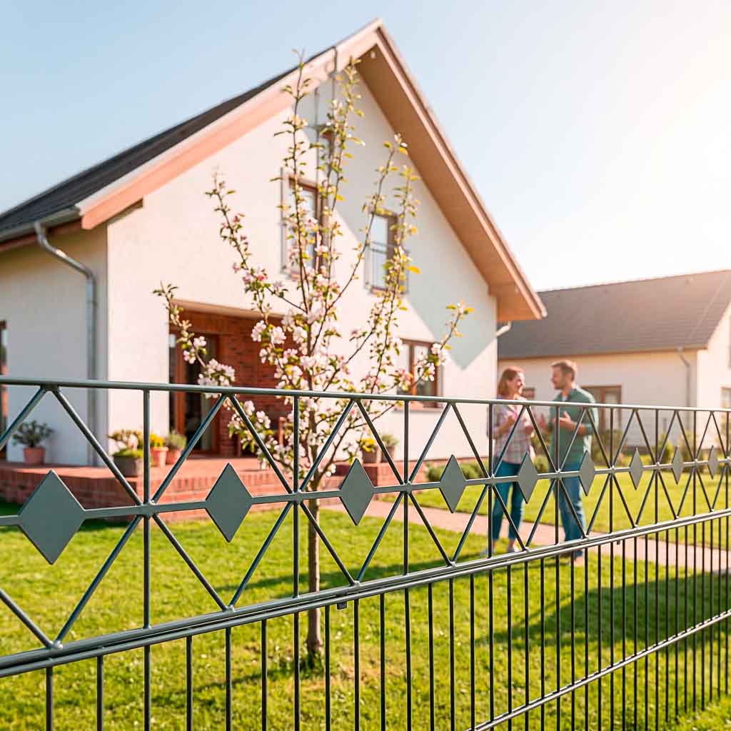 Bild Doppelstabmattenzaun anthrazit mit Schmuckzaun-Krone vor Haus und Garten