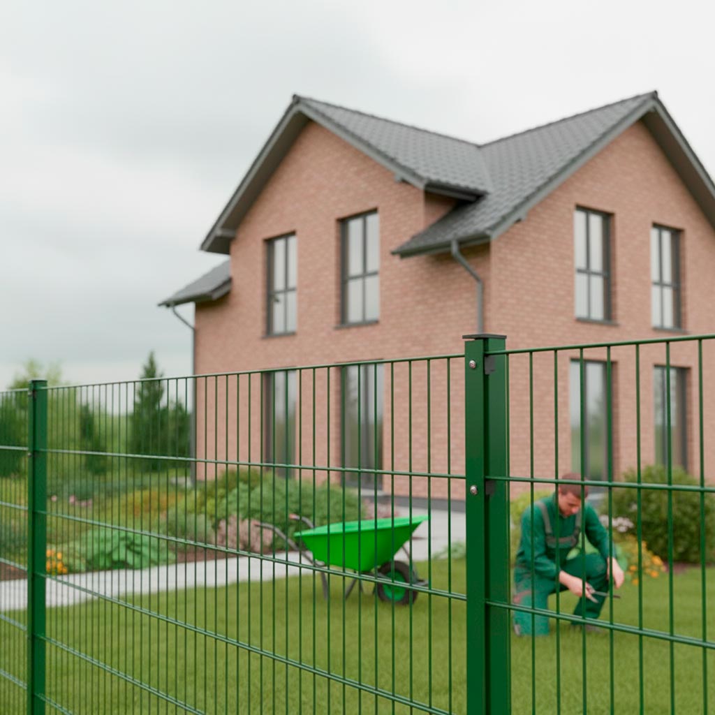 Bild Doppelstabmattenzaun grün mit Haus und Garten