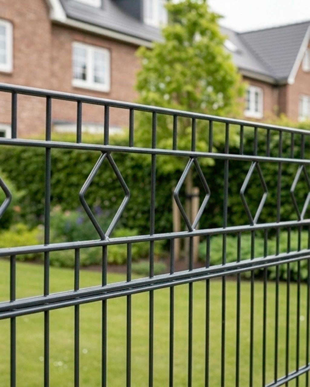 Bild Doppelstabmattenzaun anthrazit mit Schmuckzaun-Krone vor Haus und Garten